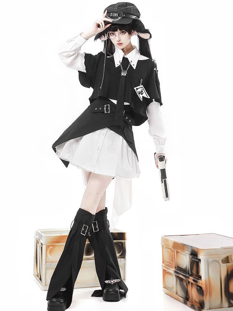 ゴシック風ロリータ コスプレ衣装 ゴスロリ lolita 4点セット トップス ワンピース スカート レッグウェア レイヤードセットアップ 舞台衣装 イベント向け 普段着としてもオッケー