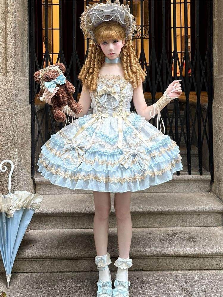 ロリータツーピース JSK ボンネット lolitaドレス コスプレ衣装 ゴスロリ 舞台衣装 イベント向け 普段着としてもオッケー ブルー
