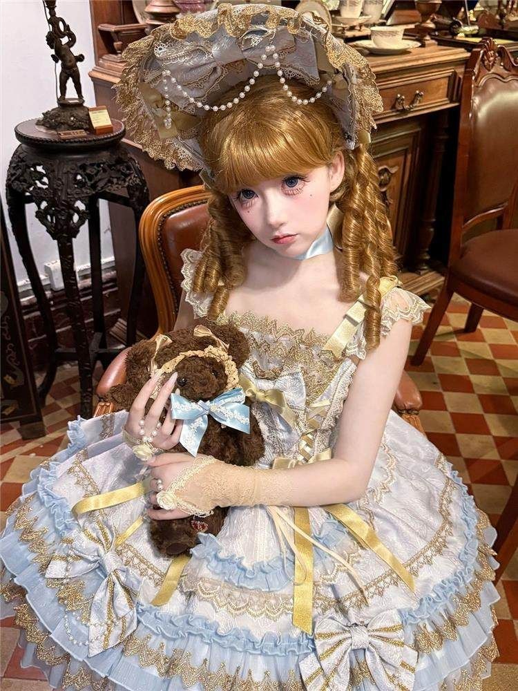 ロリータツーピース JSK ヘアバンド lolitaドレス コスプレ衣装 ゴスロリ 舞台衣装 イベント向け 普段着としてもオッケー ブルー