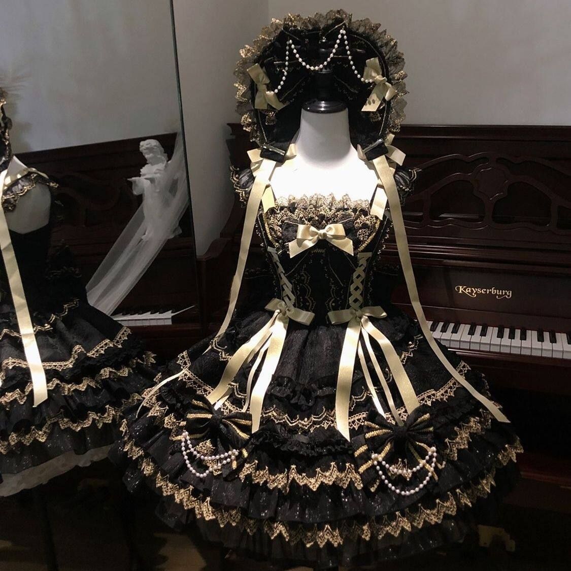 ロリータツーピース JSK ボンネット lolitaドレス コスプレ衣装 ゴスロリ 舞台衣装 イベント向け 普段着としてもオッケー ブラック