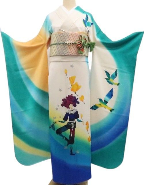 ❁tomihisa❁絵本作家 永田萠 メルヘン 銀通し 着物 正絹 成人式