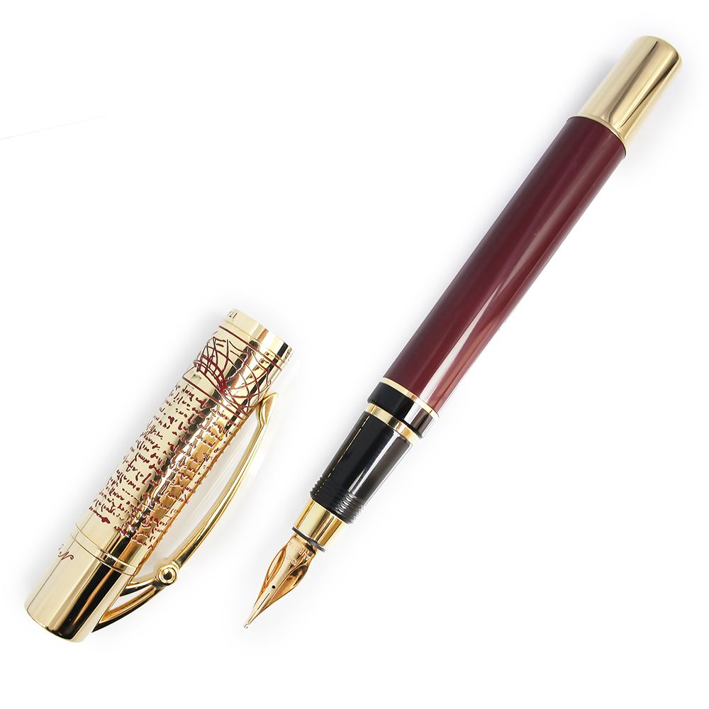 アウロラ Leonardo da Vince レオナルド ダ ヴィンチ ラッカー万年筆 No 938 シリアルナンバー入り 1919本の 生産 レバー吸入式 ペン先18 K 750 B 太字 ボルドー ゴールド 万年筆 Aurora