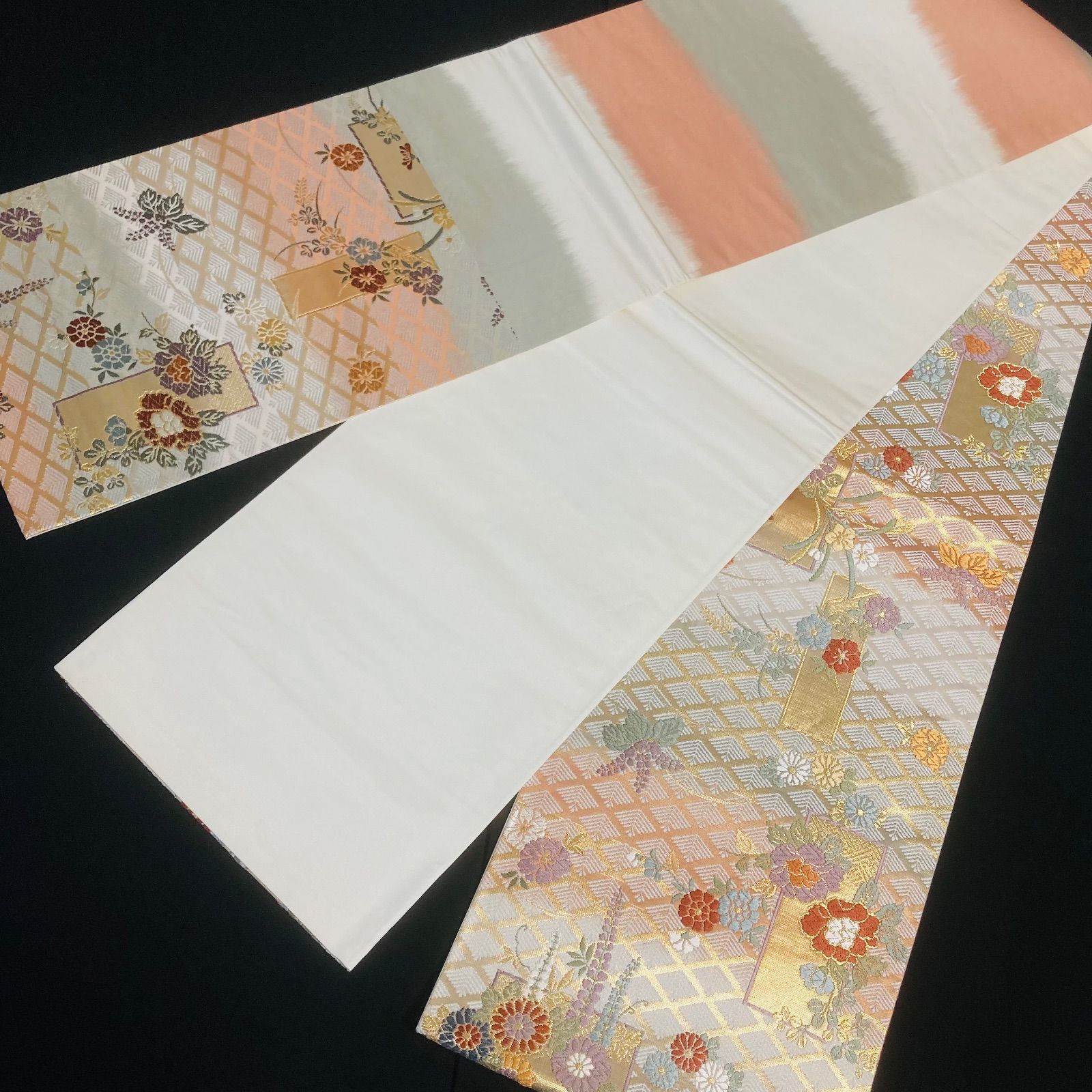 着物と帯オレンジ y287□お仕立て上がり/短冊五三桐花模様西陣正絹袋帯