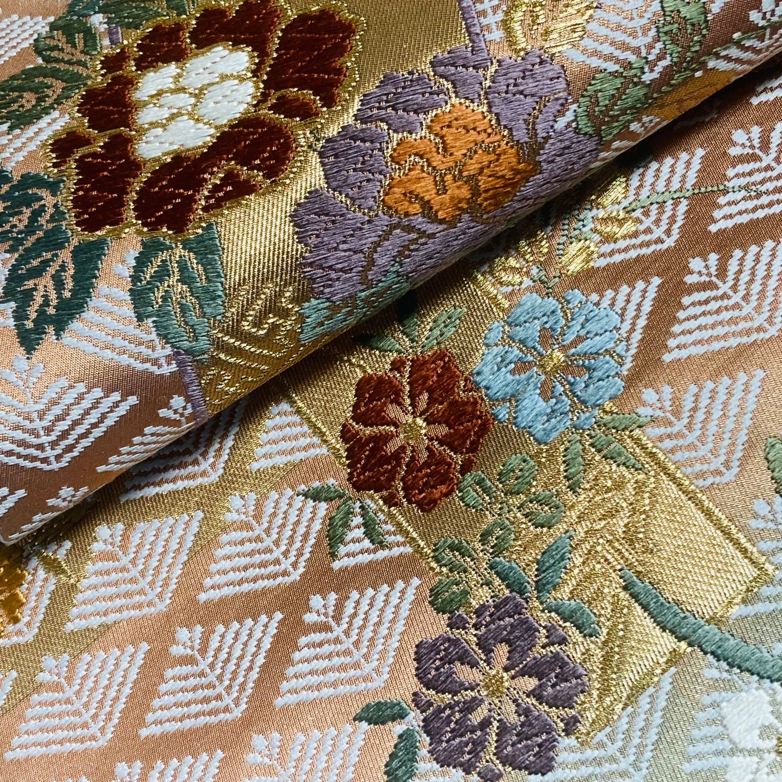 着物と帯オレンジ y287□お仕立て上がり/短冊五三桐花模様西陣正絹袋帯