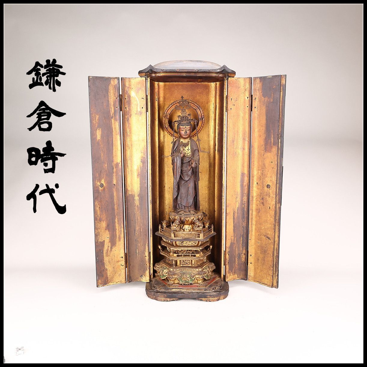 鎌倉時代】 木彫金彩 観音像 仏像 厨子高79㎝／光背のなおし跡ありZY 