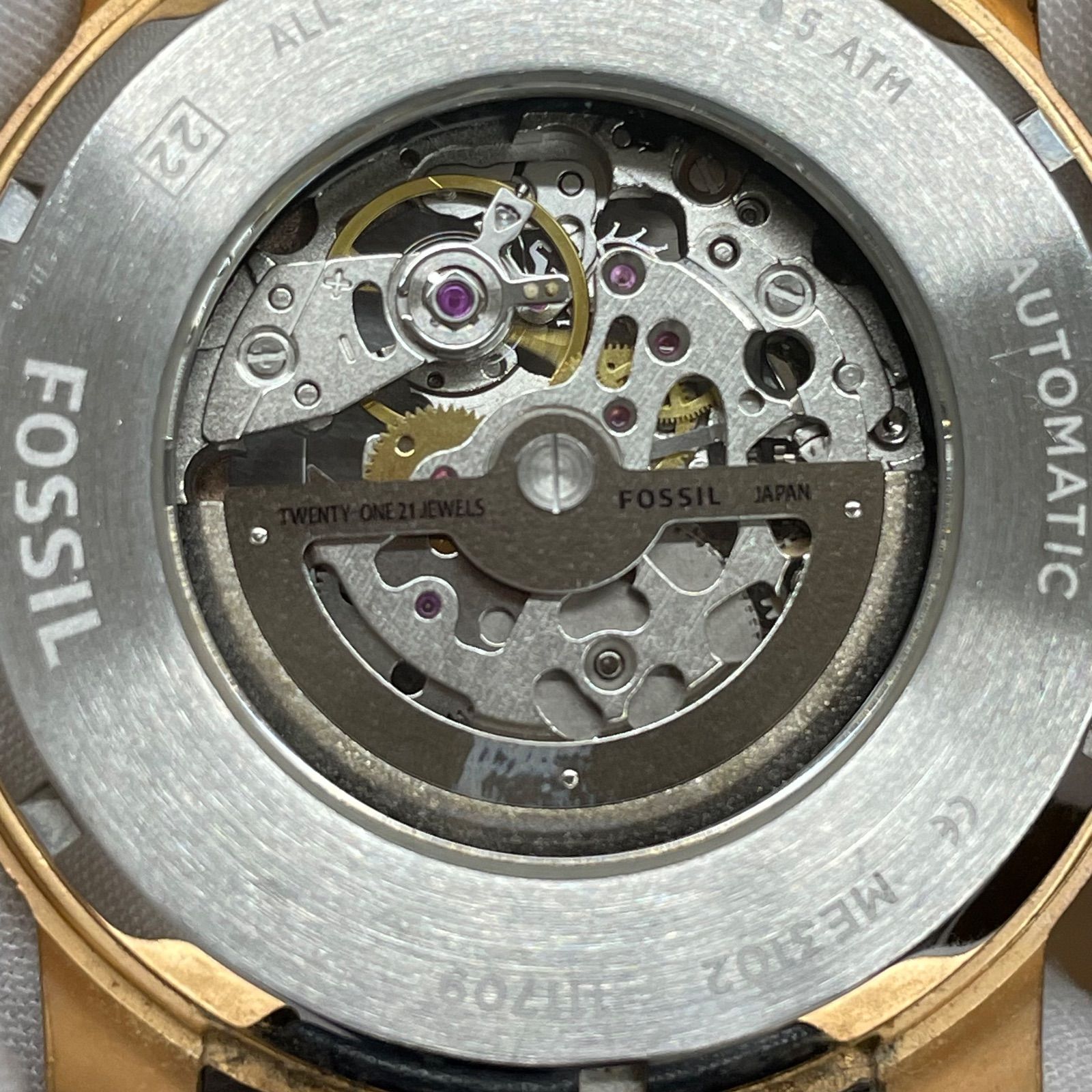  ◎ FOSSIL フォッシル Grant Automatic Skeleton Watch ME3102 自動巻き時計 スケルトンダイヤル ローズゴールド ピンクゴールド ブラック 黒 レザー ステンレス デート服 自動巻き時計 腕時計(アナログ)