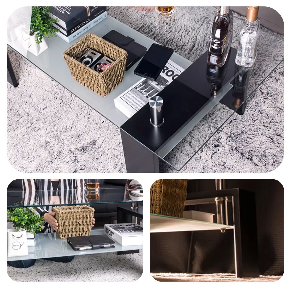 ガラステーブル コーヒーテーブル 幅88cm 強化ガラス天板 収納付き 二