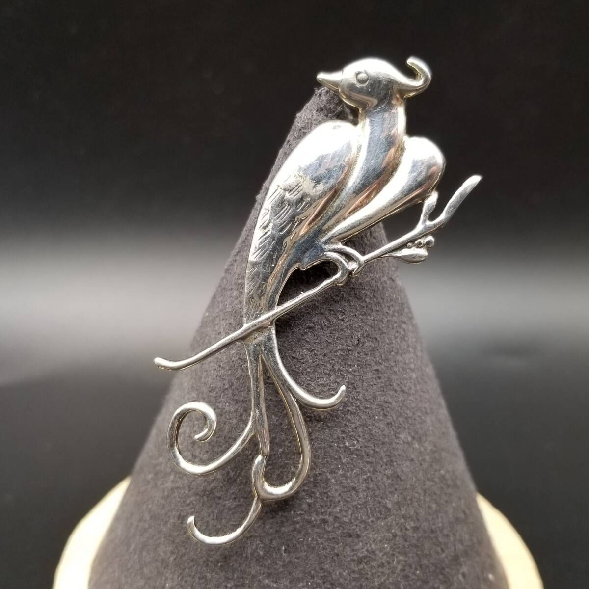 木にとまる尾長鳥 エレガント 925 シルバー ヴィンテージ バード