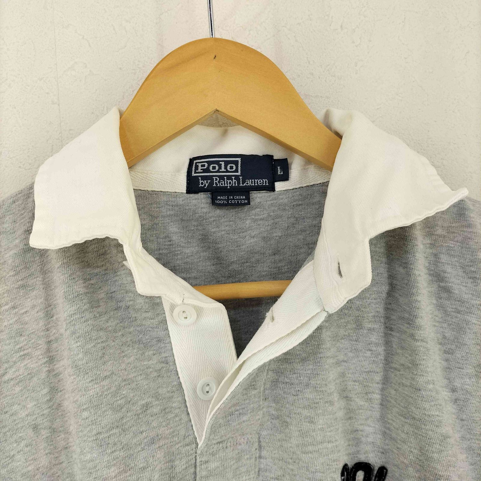 ポロバイラルフローレン☆ラガーシャツ 古着 90s 刺繍ロゴ 希少 he1