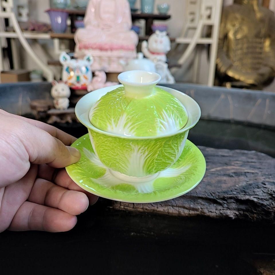 白菜百財三才蓋碗 陶磁茶碗 蓋付き茶器飲茶食器 - メルカリ