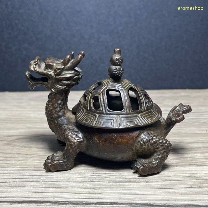 新品・未使用】 金属 古銅彫 瑞獣 金 銅器 竜亀香炉 透かし 瓢箪蓋香炉