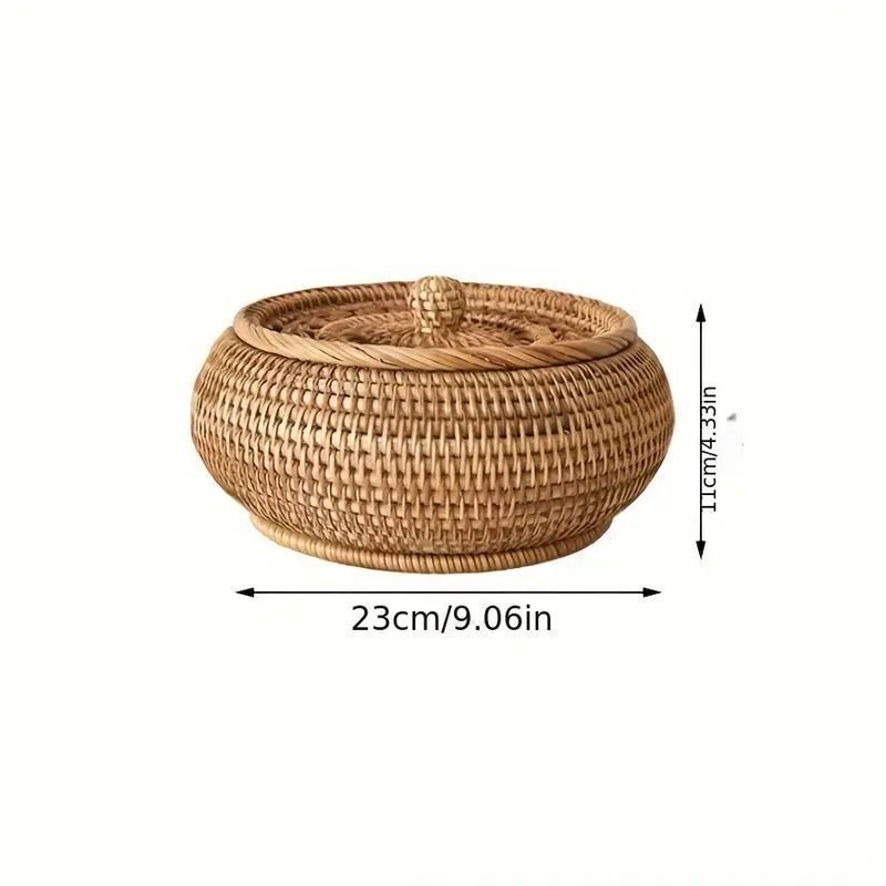 ラタンバスケット かご 小物入れ 蓋付き 丸型 カゴ 籠 バスケット 収納 オーガナイザー ラタン 藤編み アジアン ヴィンテージ 収納ボックス