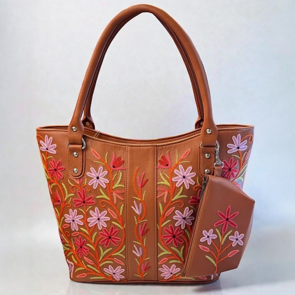 トートバッグ 牛革 シルク刺繍 フラワーモチーフ 付属ポーチ付き 