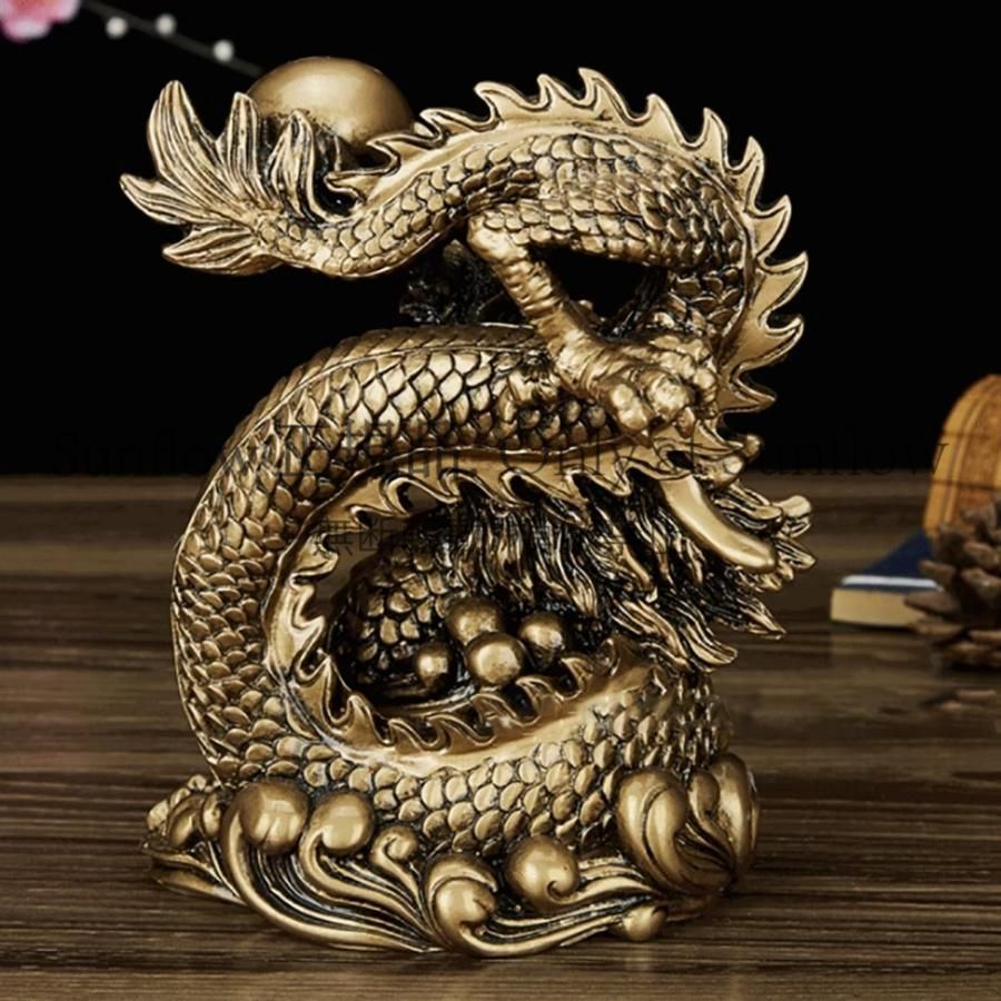 【送料無料】龍の置物 龍 置物 玄関 風水 開運グッズ 龍神 尻尾に玉を持つ龍 五本爪 竜 樹脂 ブロンズゴールド ドラゴン パワースポット 金運 財産運 出世運 CKY1149050