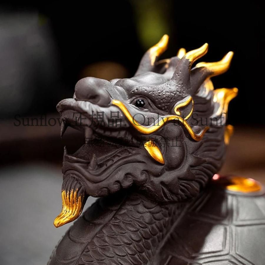 送料無料】風水 龍亀 ロングイ ーVer4ー ブラック 陶器 髭金 天照亀