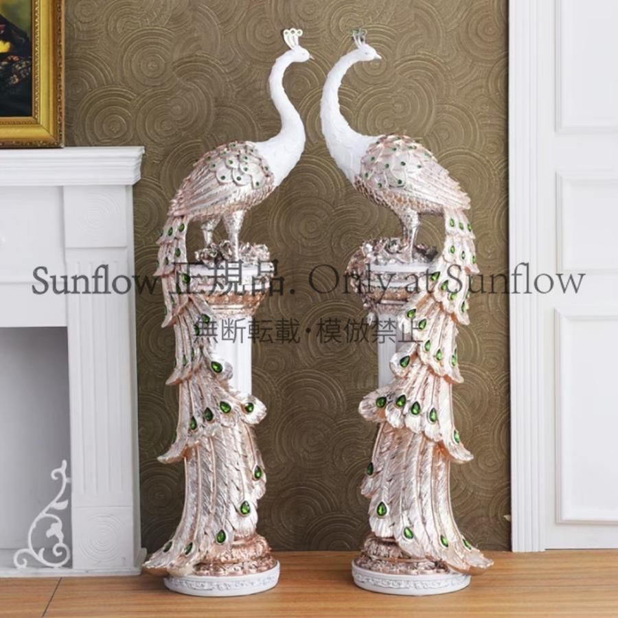 送料無料】置物 孔雀 白 70cm 柱 2個セット インテリア 風水 ストーン