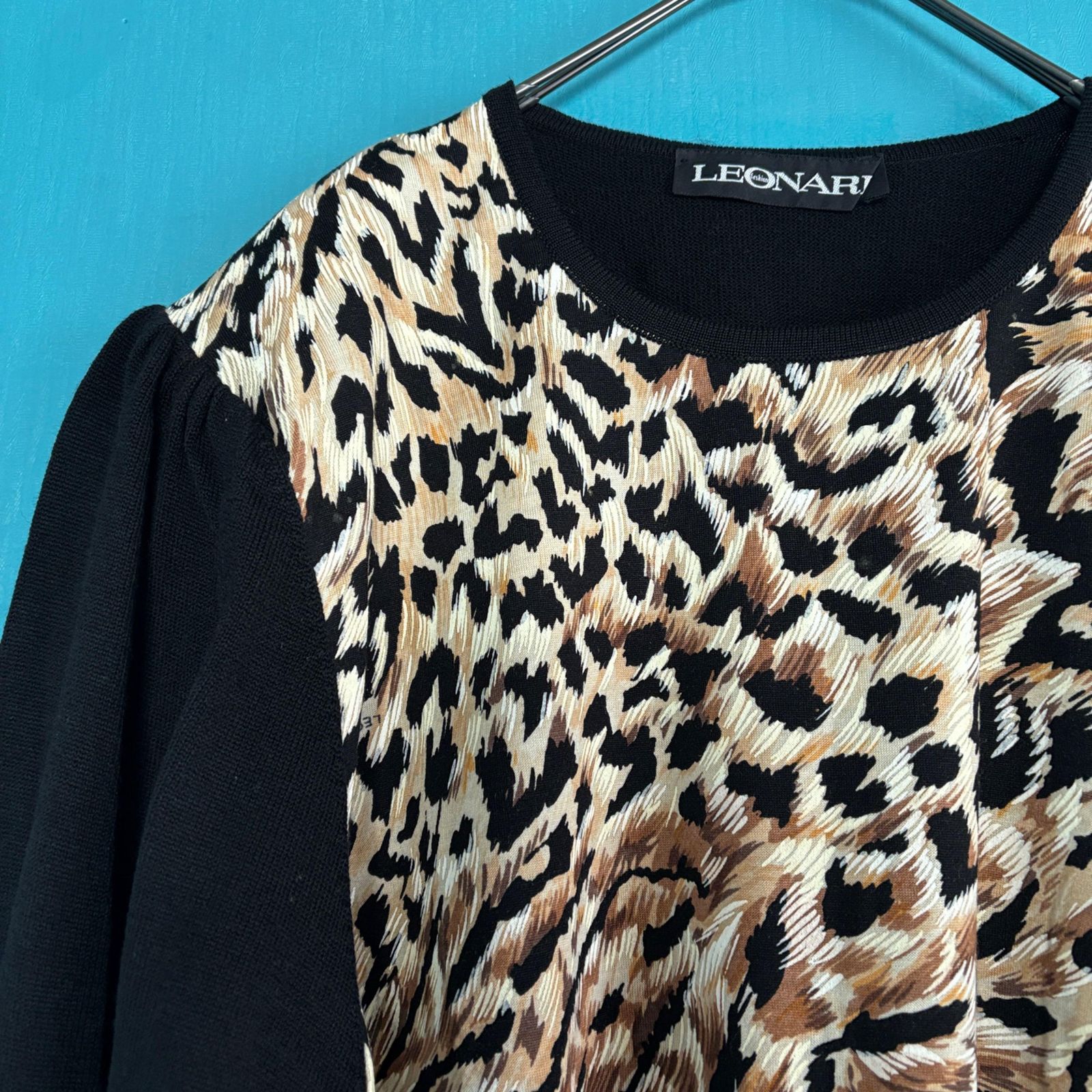 929 LEONARD レオナール 豹柄 切替 シルク混 ウール ニット セーター M