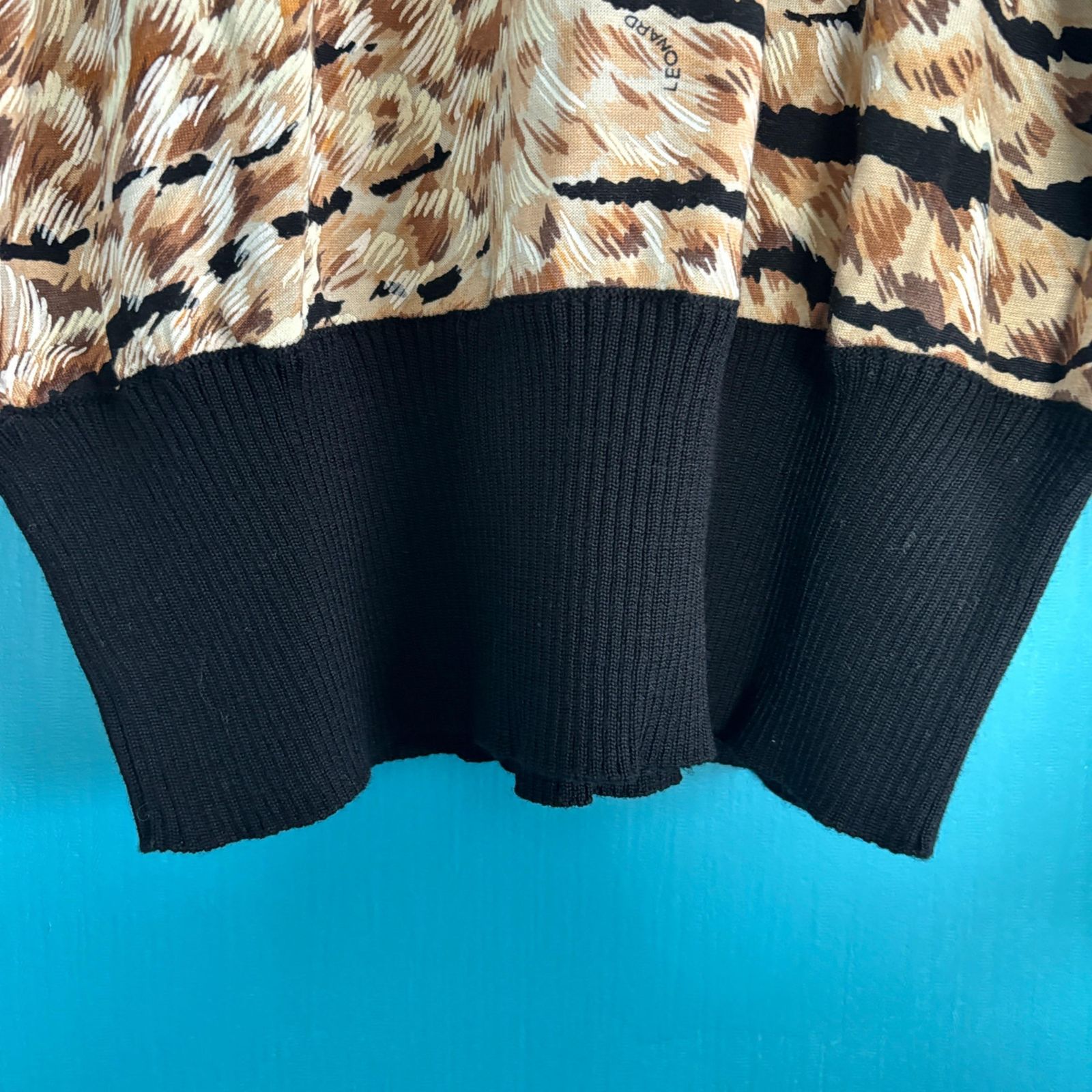 929 LEONARD レオナール 豹柄 切替 シルク混 ウール ニット セーター M