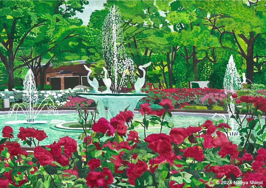 水彩画　ジクレー版画「ペリカン噴水」（石橋文化センター／久留米市） 水彩画 ジクレー版画「薔薇と噴水2024」（石橋文化センター／久留米市