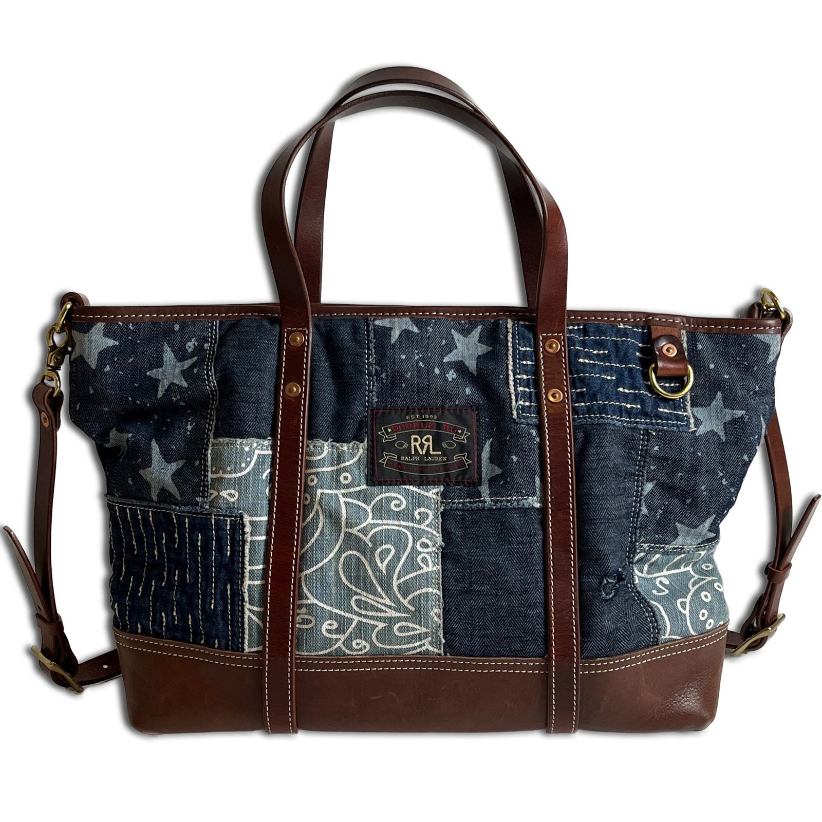 RRL レザー パッチワークデニム トートバッグ ベルト付き ダブルアール