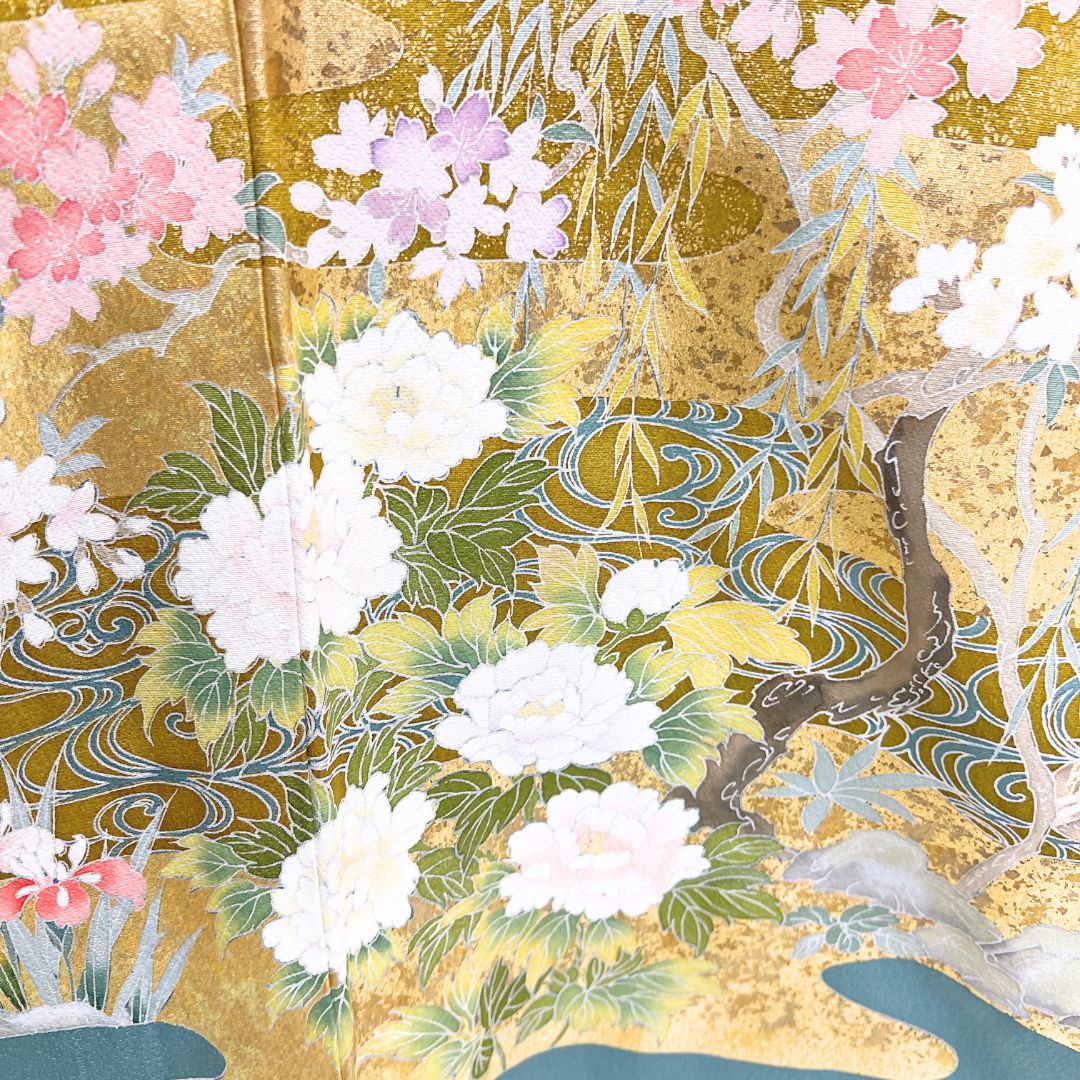 色留袖 金彩 花車 牡丹 鴛鴦 観世水 花模様 着物 013b d ms 【公式通販】