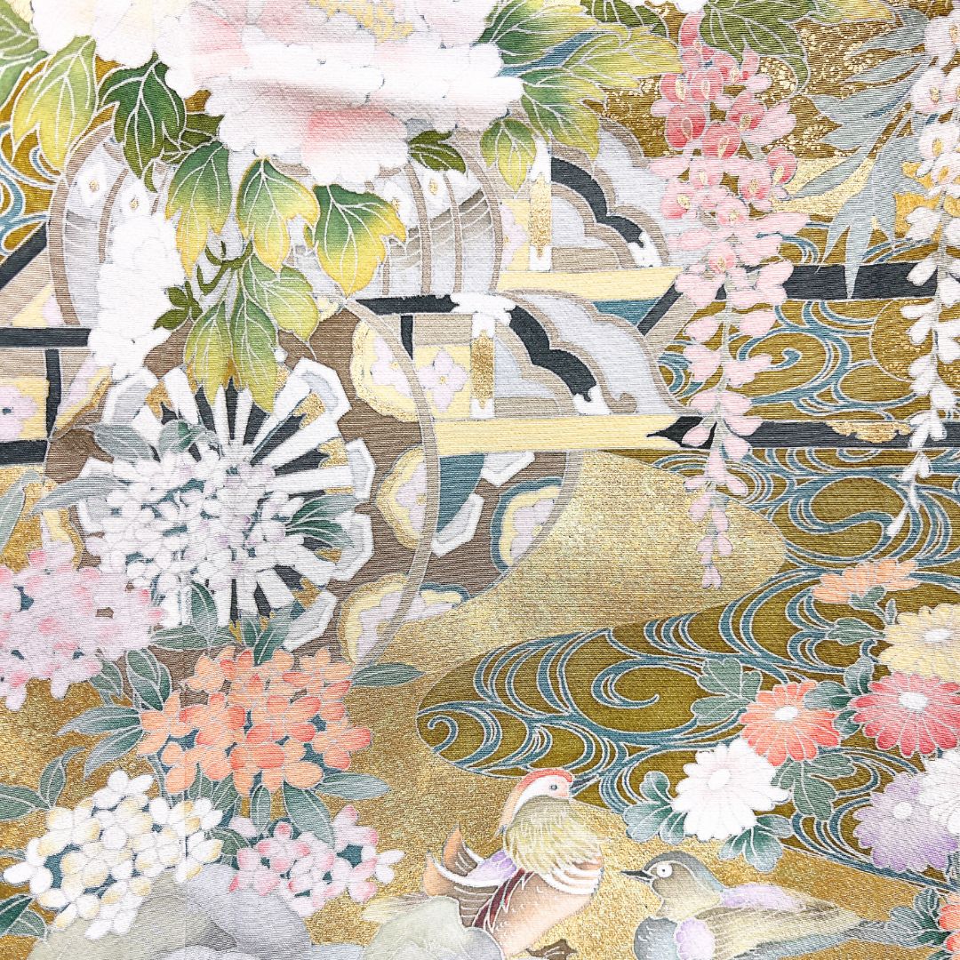 色留袖　金彩　花車　牡丹　鴛鴦　観世水　花模様　着物　013b d ms 色留袖 金彩 花車 牡丹 鴛鴦 観世水 花模様 着物 013b d ms 【公式通販】