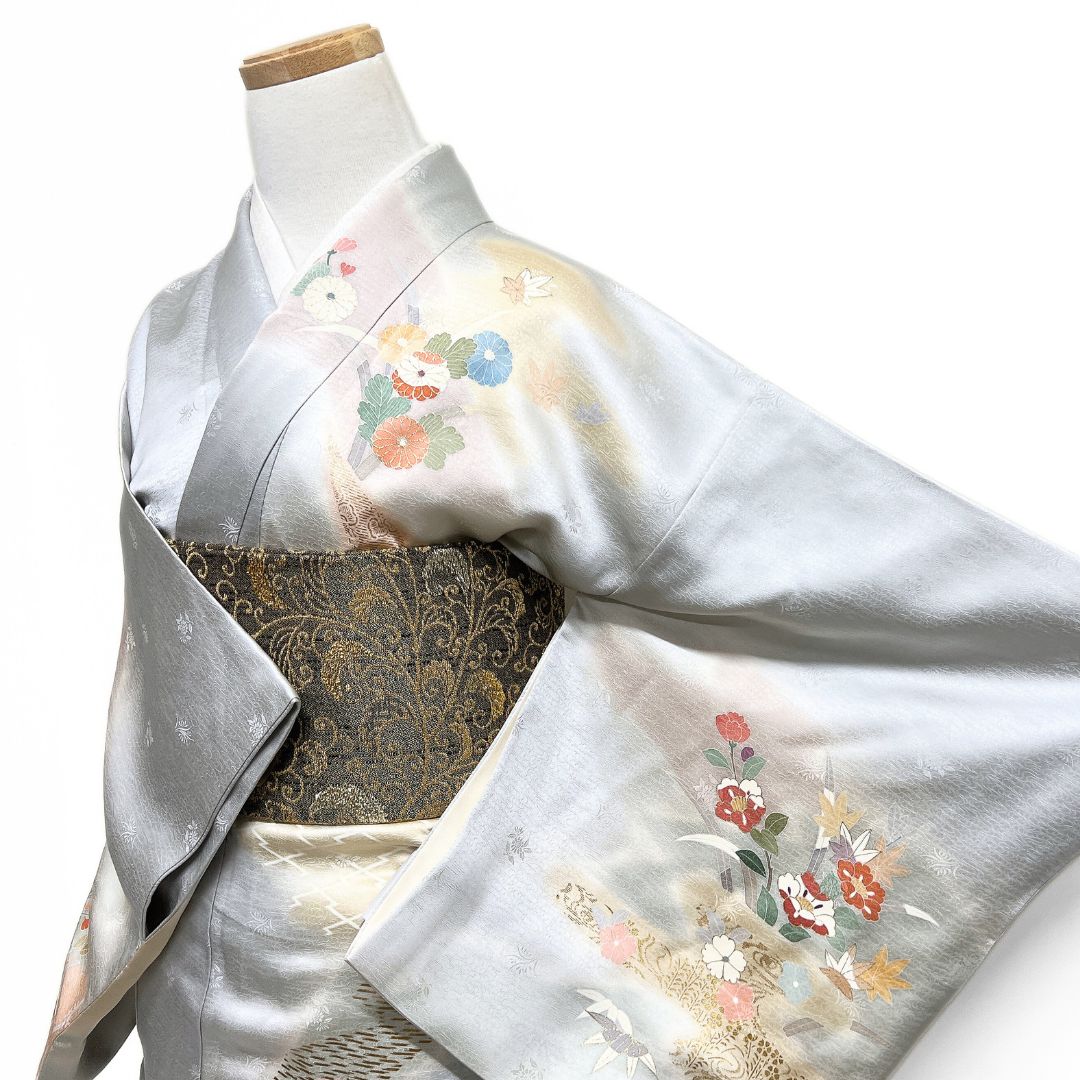 訪問着　金彩　たたき染め　花模様　唐花　くすみパステル　着物　043k d 訪問着 金彩 たたき染め 花模様 唐花 くすみパステル 着物 043k d