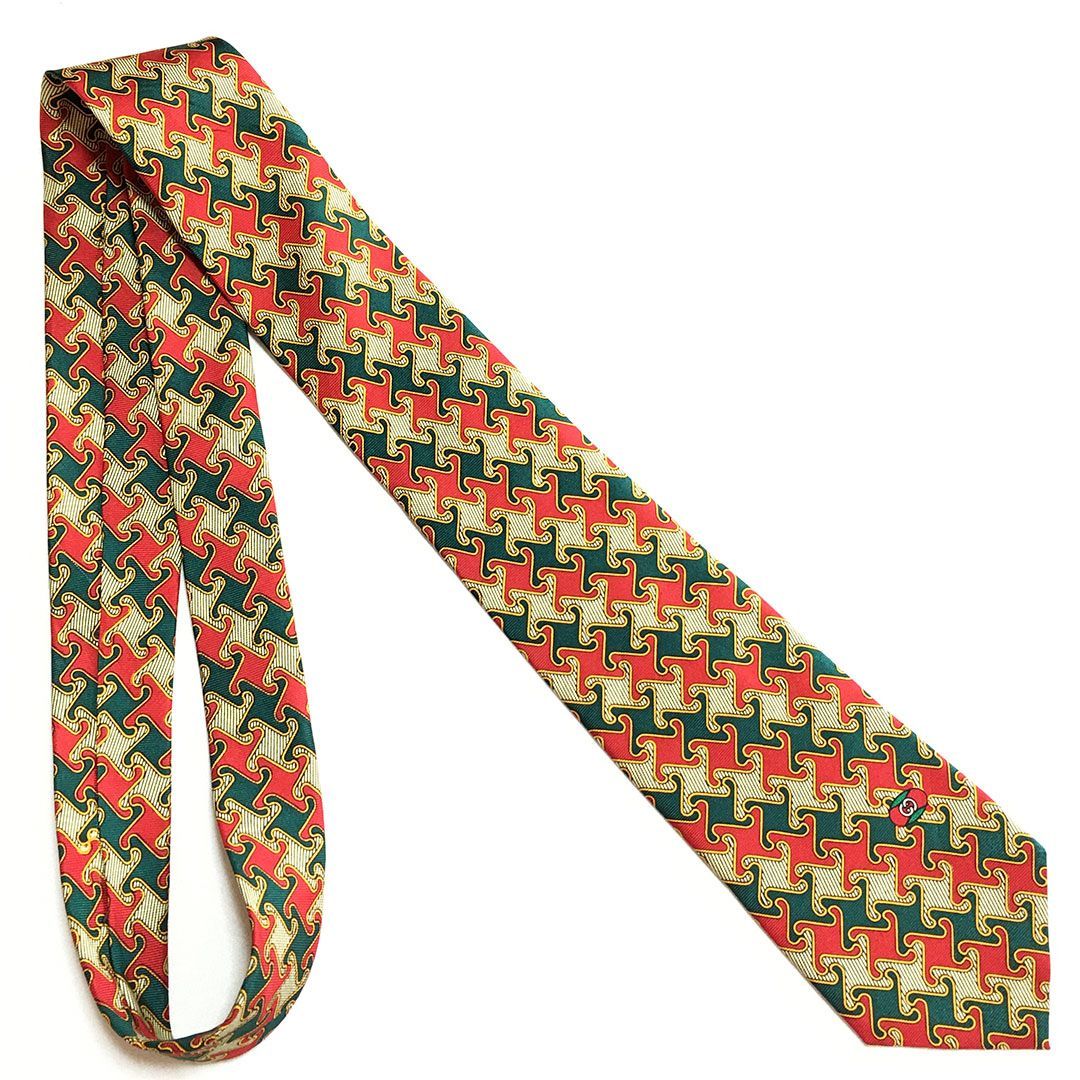 未使用級 グッチ GUCCI ネクタイ シルク100% レッド / グリーン 総柄