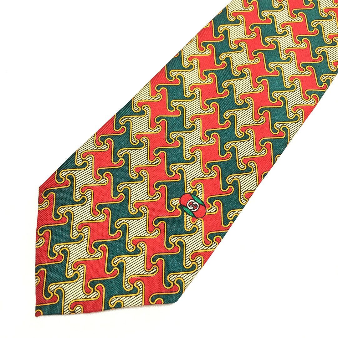 未使用級 グッチ GUCCI ネクタイ シルク100% レッド / グリーン 総柄
