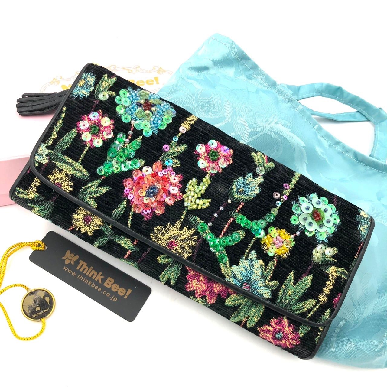 美品】Think Bee! シンクビー 長財布 花柄 刺繍 スパンコール 黒 箱付