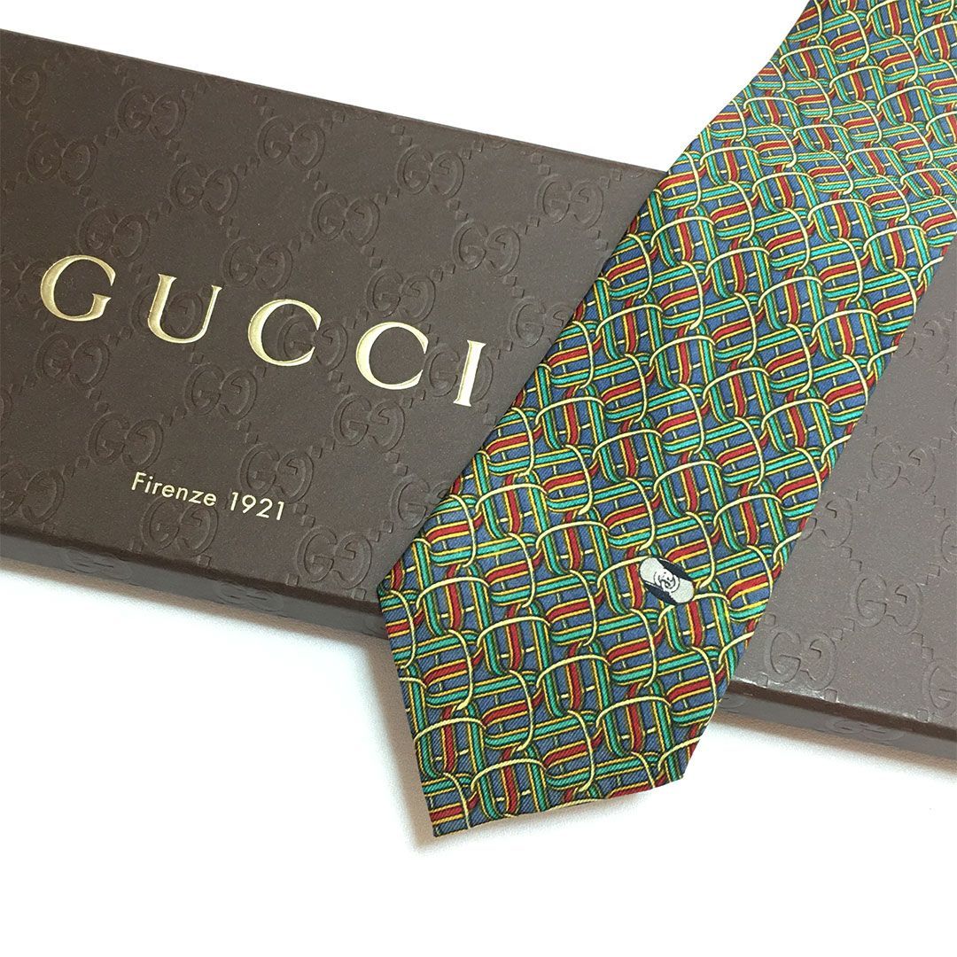 未使用級 グッチ GUCCI ネクタイ シルク100% ブルー系 / グリーン 総柄