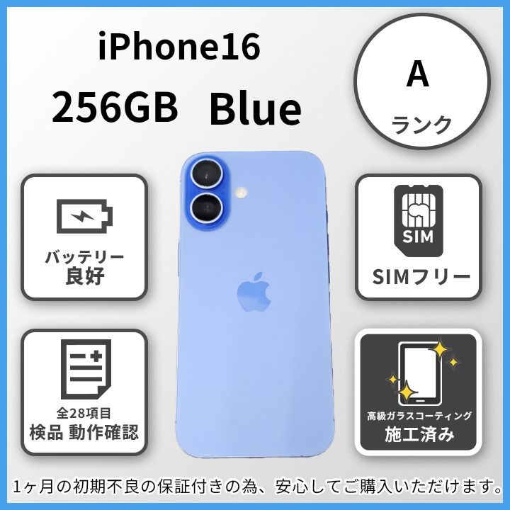 E2024 【美品】iPhone16 Blue 256GB バッテリー91% ガラスコーティング