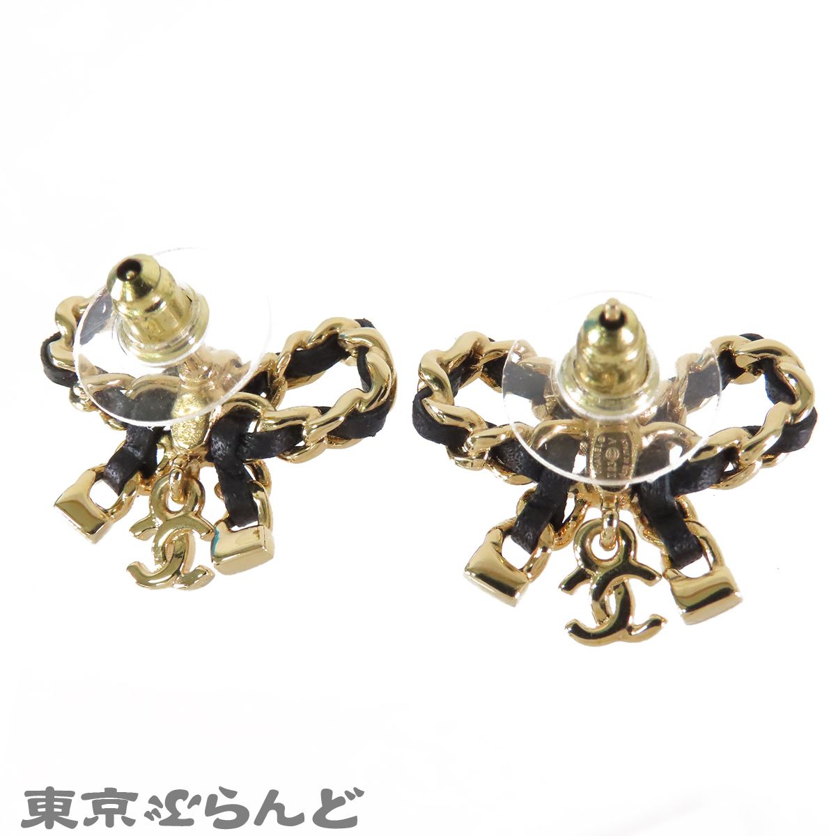 シャネル CHANEL ココマーク チェーンリボン ピアス ゴールドxブラック