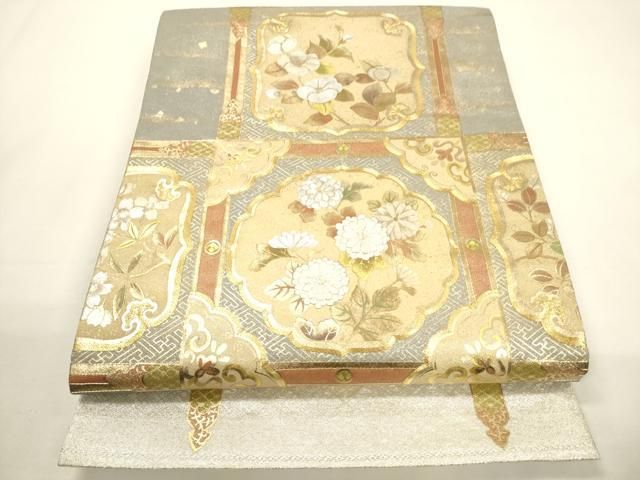 平和屋着物▽六通柄袋帯 駒刺繍 天井草花文 金銀彩 正絹 逸品