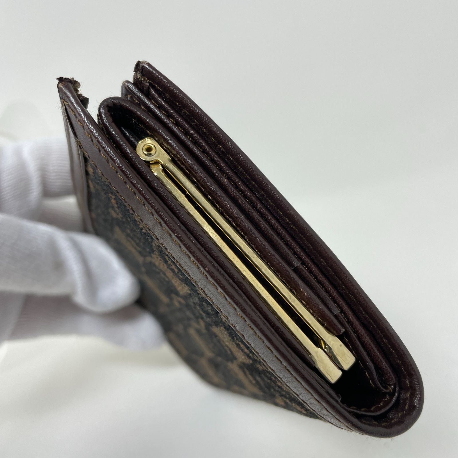 LOEWE ロエベ 総柄 キャンバス レザー がま口 二つ折り財布 ブラウン