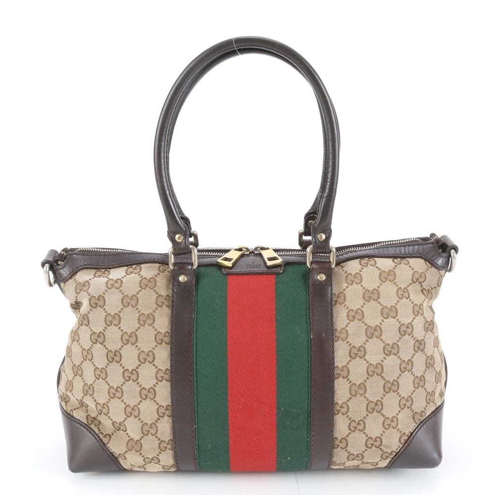美品 グッチ GG キャンバス シェリー ライン 257341 レザー トート