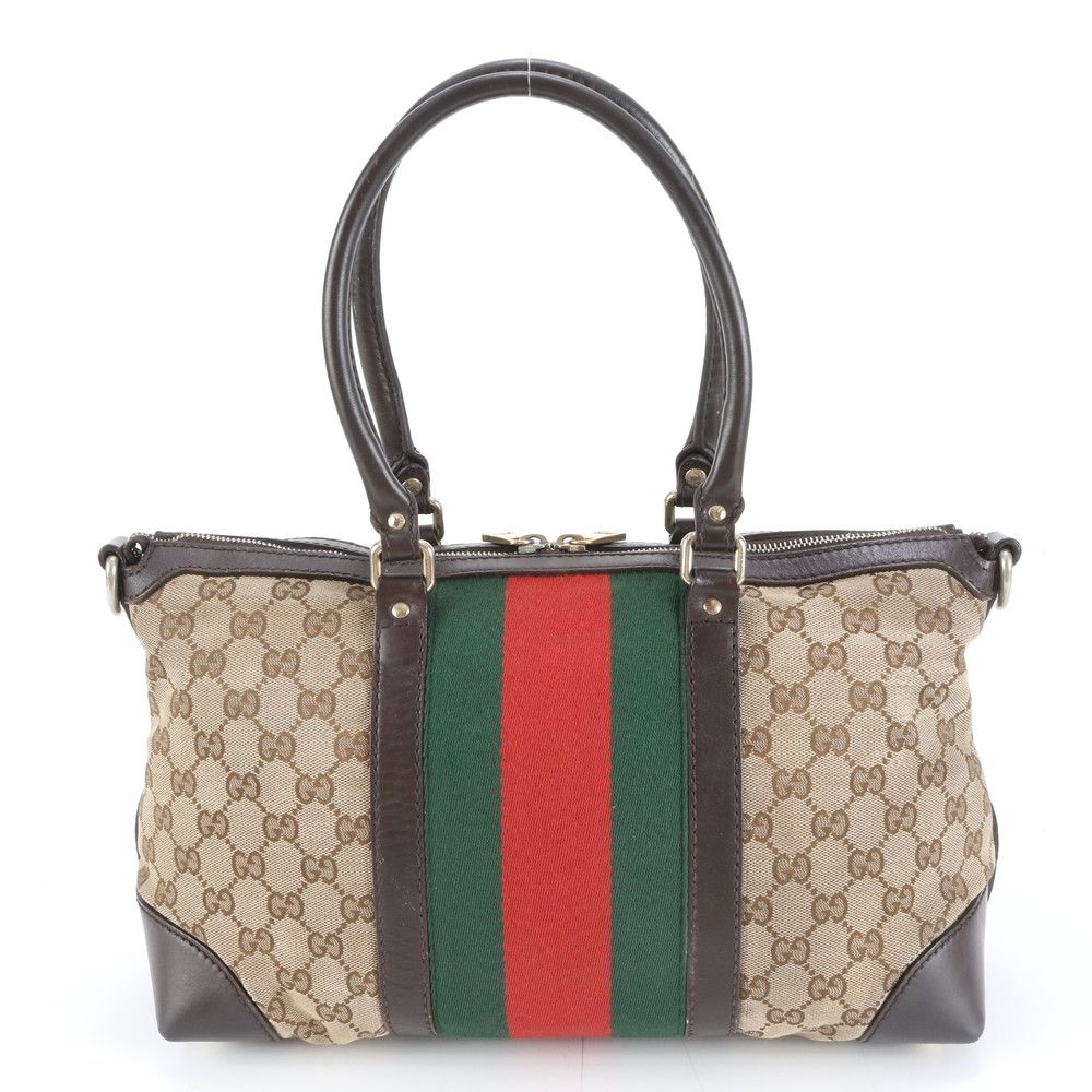 美品 グッチ GG キャンバス シェリー ライン 257341 レザー トート