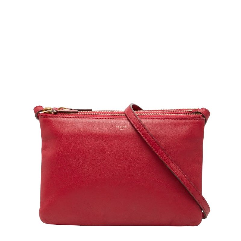 【美品】セリーヌ　ショルダーバッグ　トリオ　ゴールド金具　レザー　レッド セリーヌ トリオ 斜め掛け ショルダーバッグ レッド レザー レディース