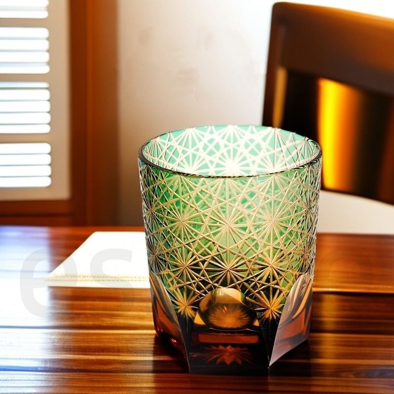 江戸切子 藍連菊 手彫り コップ 水晶ガラス 4点まとめて 260 ml 二色套料 人工吹製 琥珀 木箱入 ギフト