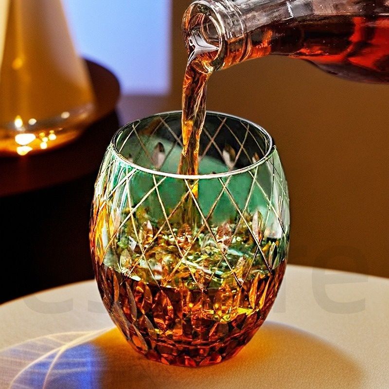 江戸切子 タンブラー 手彫り 磨刻 水晶ガラス 283 ml 353 g 家用水杯 木箱入 ギフト 琥珀グリーン