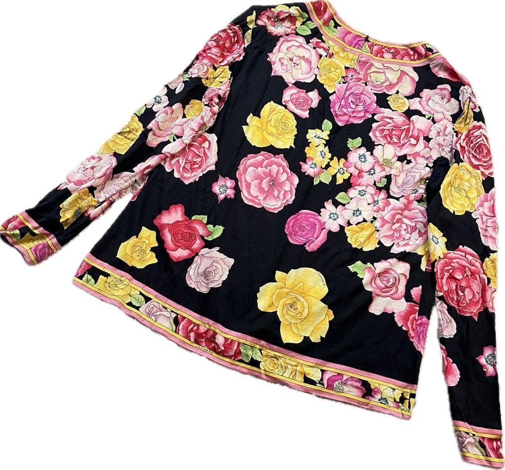 LEONARD レオナール カットソー 長袖 トップス M フラワー柄 シルク