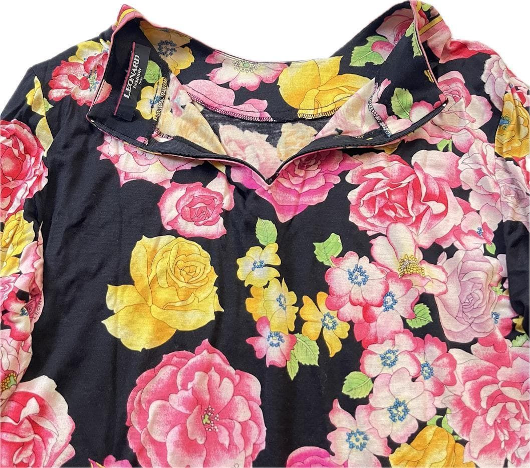 LEONARD レオナール カットソー 長袖 トップス M フラワー柄 シルク