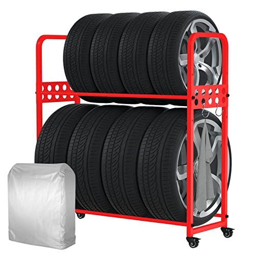 MEICHEPRO タイヤラックセット カバーとキャスター付属 タイヤスタンド 2段式タイヤラック 8本タイヤ収納 耐荷重300kg 幅105.5cm×奥行38cm×高さ106cm (レッド セット)★m