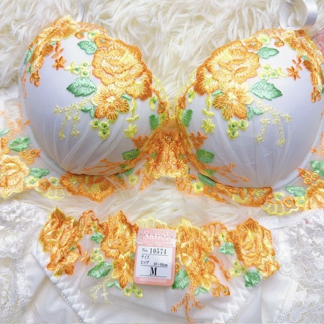 ブラショーツセット D70 花柄刺繍 フラワー柄 イエロー 黄色 ホワイト