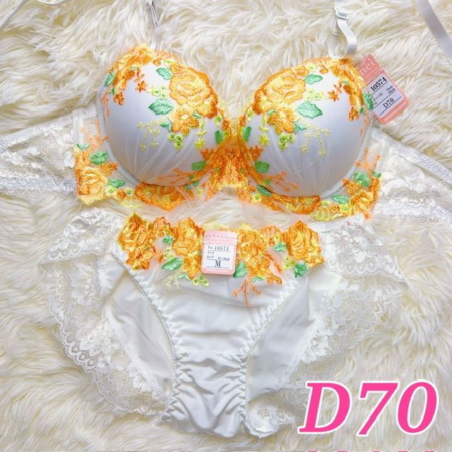 ブラショーツセット D70 花柄刺繍 フラワー柄 イエロー 黄色 ホワイト