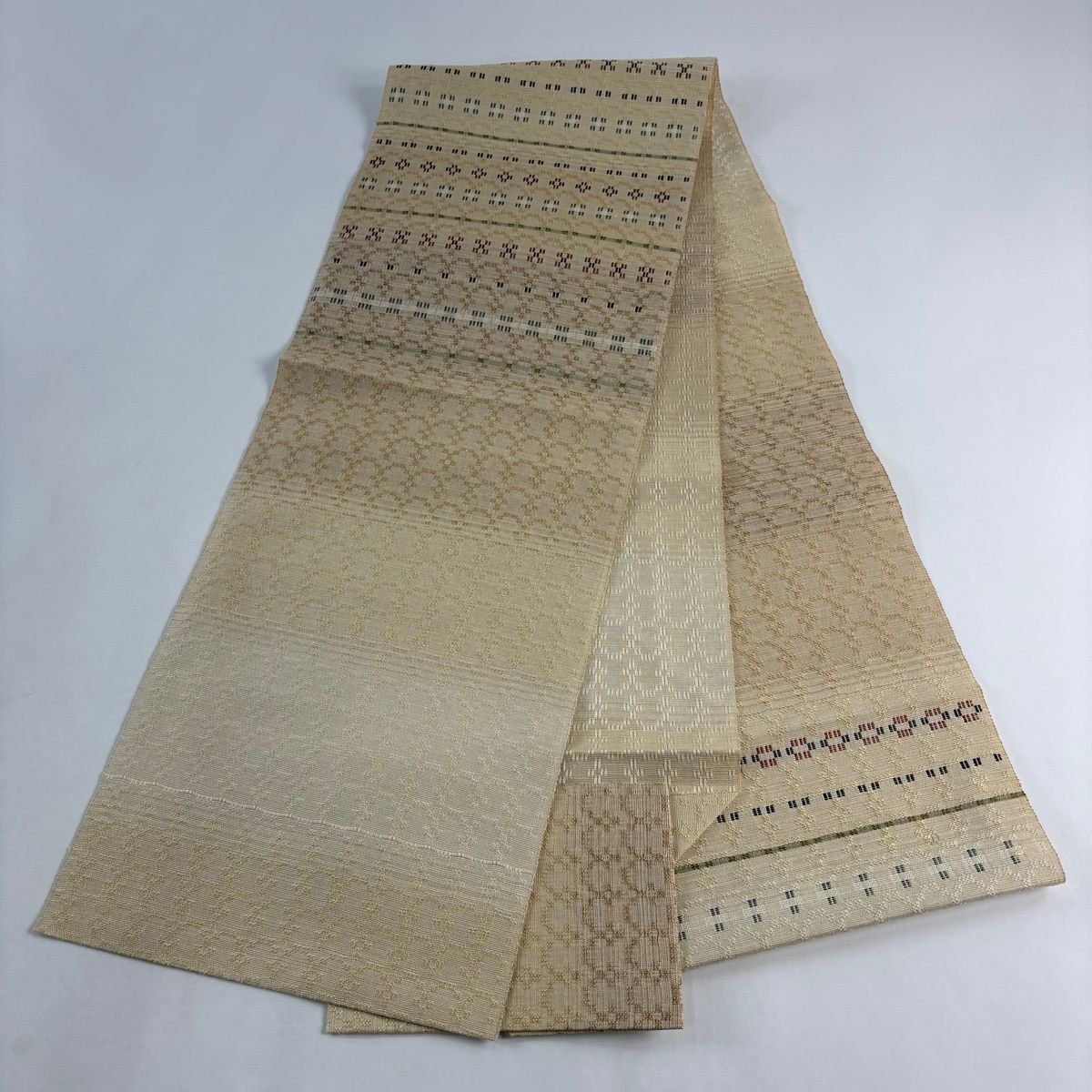 美品】 名古屋帯 名品 八寸名古屋帯 松葉仕立て 幾何学模様 ベージュ