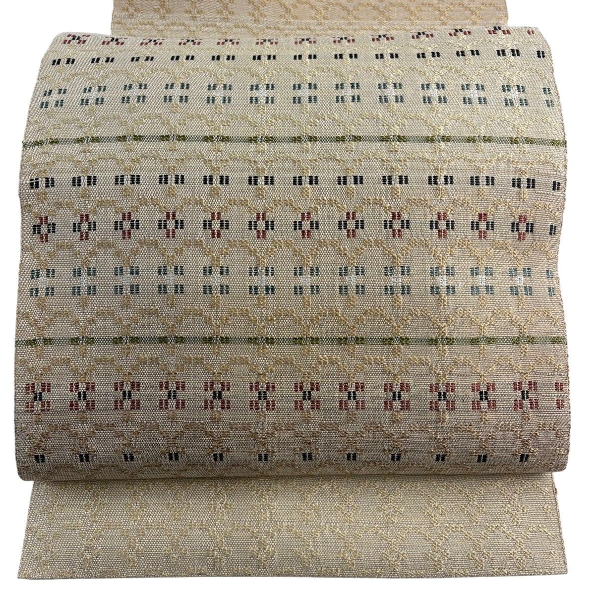 美品】 名古屋帯 名品 八寸名古屋帯 松葉仕立て 幾何学模様 ベージュ