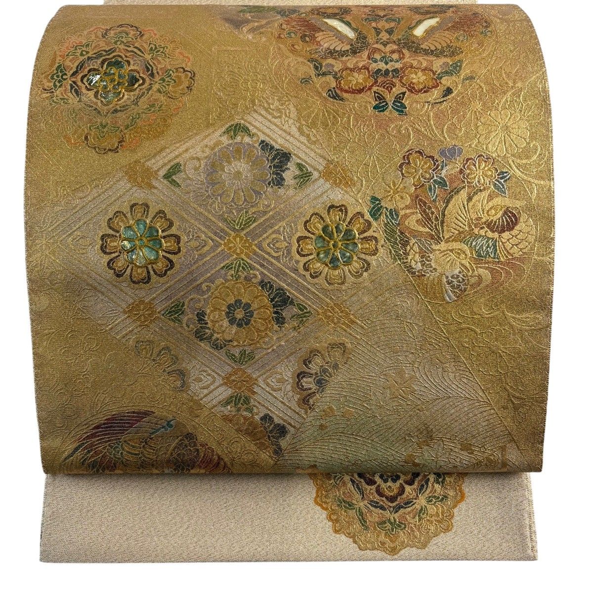 袋帯　螺鈿　礼装用　お太鼓柄　美品　華紋 袋帯 名品 向鳥 華文 螺鈿 金銀彩 金色 お太鼓柄 正絹 【中古】 - メルカリ