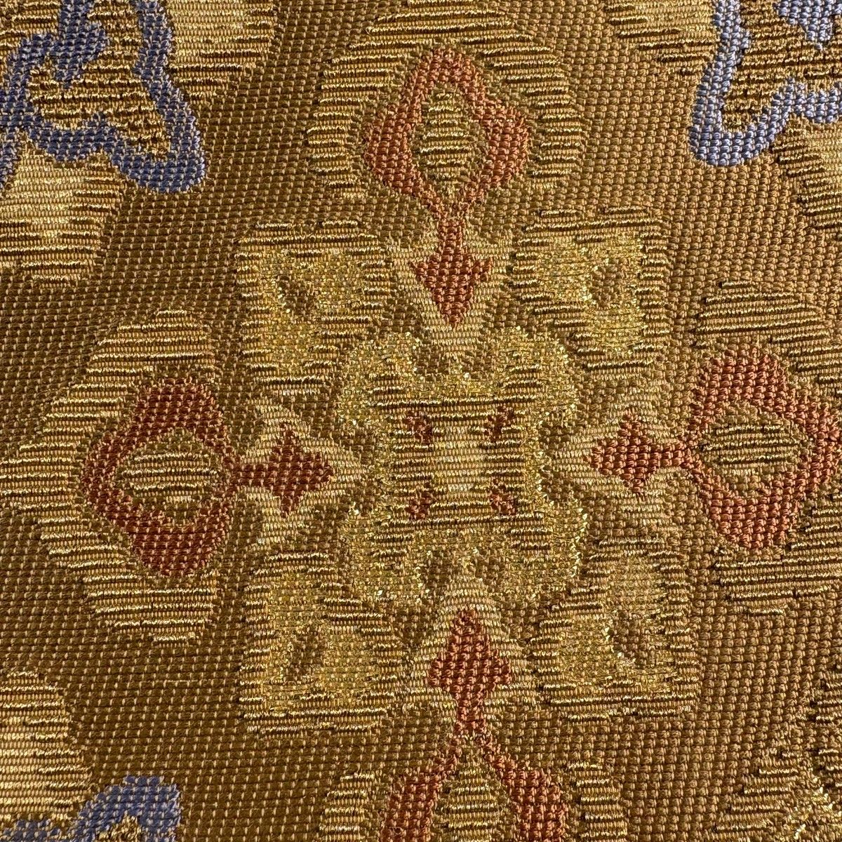 美品】 袋帯 名品 華文 鶏頭 輪奈織 金糸 山吹茶色 お太鼓柄 正絹