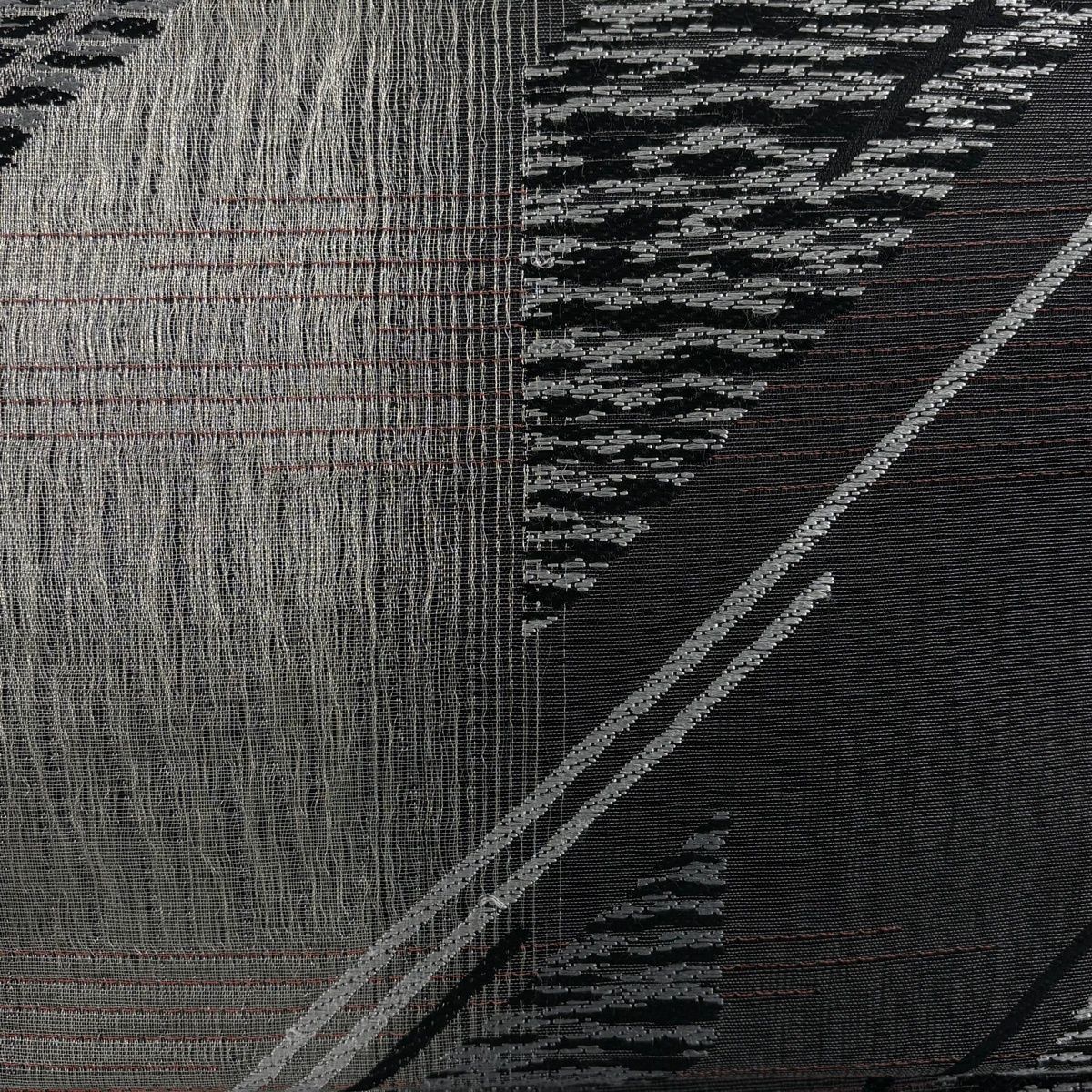 袋帯 秀品 縞模様 幾何学模様 銀糸 刺繍 黒灰 六通 正絹 【中古